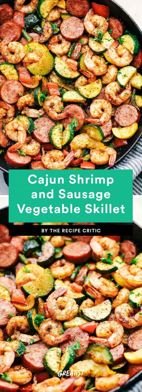 Another reason we love these little crustaceans: They taste great served with other proteins. Take this Cajun Shrimp and Sausage Vegetable Skillet, which is packed with protein, flavor, and loads of veggies. The soft texture and flavor of shrimp pairs perfectly with meaty sausage, and the combo ensures that there's plenty of protein in each and every bite. Other great veggies to add: onions, snap peas, and halved tomatoes. Cajun Shrimp And Sausage, Vegetable Skillet, Low Carb Shrimp Recipes, Shrimp And Sausage, Cajun Shrimp, Low Carb Meals, Keto Meals, Diet Keto, Sausage Recipes