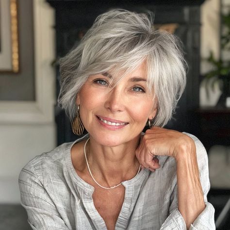 Grey Hair Color Silver Short, Short Hair Gray Color, Edgy Grey Hairstyles, Mid Length Grey Hair, Short Haircuts For Grey Hair, Gray Hair Cuts Over 50, Short Gray Hair Over 50, Grey Hair Bob, Hair With Side Swept Bangs