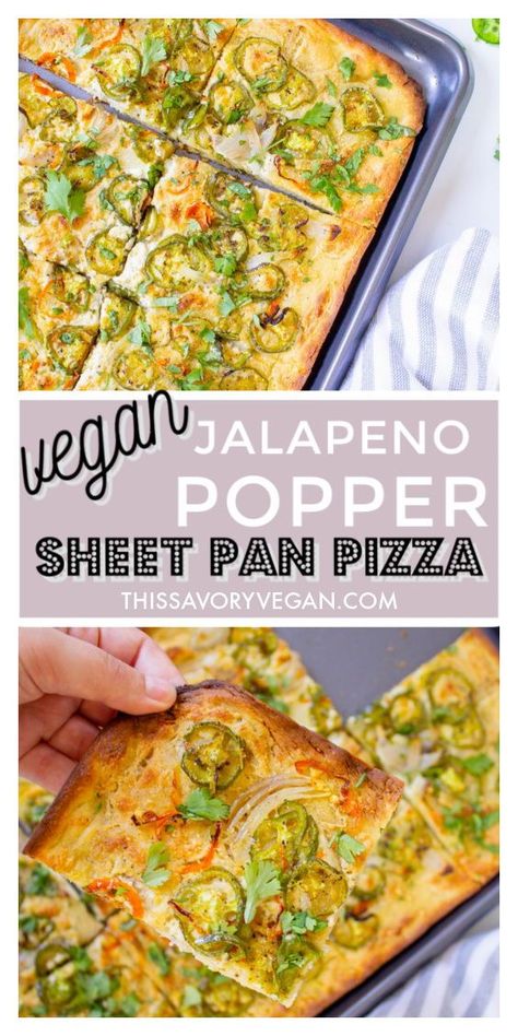 Interesting Pizza Ideas, Vegan Sheet Pan Dinners, Jalapeno Popper Pizza, Vegan Jalapeno Poppers, Vegetarian Pizza Recipe, Vegan Pizza Recipe, Vegan Party Food, Vegan Party, Jalapeno Popper