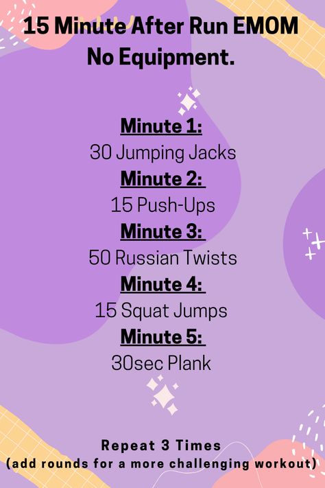 EMOM for Runners. No Equipment. After Run Add-On. The best way to sneak in strength training is an add-on after your running. Schedule in an extra 10-15mins after a run and do a quick no equipment EMOM. This type of workout keeps you from getting board, hits multiple muscle groups, and can be done anywhere. Workout After Running, Strength Training No Weights, Run And Strength Workout, After Running Workout, Leg Emom Workout, After Run Workout, Running And Strength Training Schedule, Emom Workout No Equipment, Emom Workout Weights