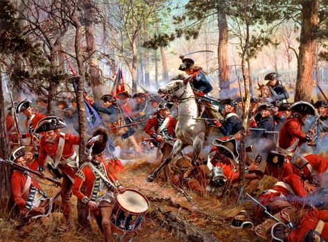 Battle Of Cowpens January 17, 1781: Maryland and Virginia Continentals surge into the 7th Regiment of Foot, also known as the Royal Fuzileers, seizing both the unit's colors in hand to hand combat. American Military History, Battle Of Waterloo, Colonial America, Napoleonic Wars, Historical Art, Military Art, Military History, American History, Horses