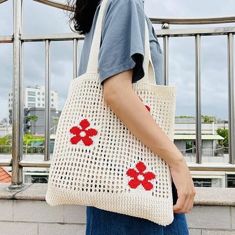 Crochet Photography, Knitted Tote Bag, Korean Flower, Tote Bag Custom, Flower Handbag, Knitting Tote Bag, Knitting Tote, Knitted Bag, Handbag Patterns