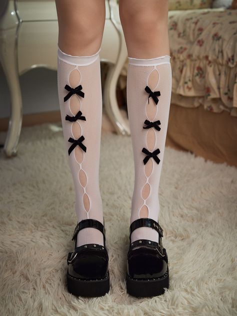 Romwe Sweetness, Kawaii Moodboard, Coquette Socks, Kawaii Stockings, Gothic Socks, Easy Toe Nail Designs, Bow Socks, Over The Calf Socks, Pretty Shoes Sneakers