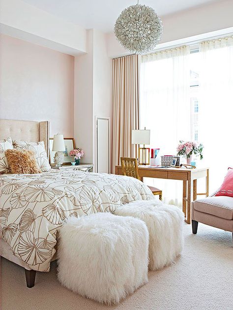 A combination of soft pastels and calming neutrals makes this bedroom a relaxing retreat. Infusing the space with a variety of textures, like the foot-of-the-bed stools and the dimensional chandelier, ensures the neutral space looks anything but dull! http://www.bhg.com/rooms/bedroom/master-bedroom/beautiful-boudoirs/?socsrc=bhgpin010415subtlebeautyroom&page=16 Feminine Bedroom Design, Rose Gold Bedroom, Chic Bedroom Design, Feminine Bedroom, Neutral Bedrooms, Decor Ikea, Gold Bedroom, Pink Bedrooms, Woman Bedroom