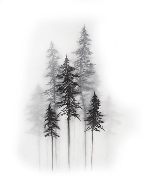 Misty Forest Tattoo, Pine Tree Silhouette Tattoo, Foggy Forest Tattoo, Pnw Tree Tattoo, Black Forest Tattoo Design, Foggy Tattoo, Black And White Tree Tattoo, Pnw Tattoo Ideas, Fine Line Forest Tattoo