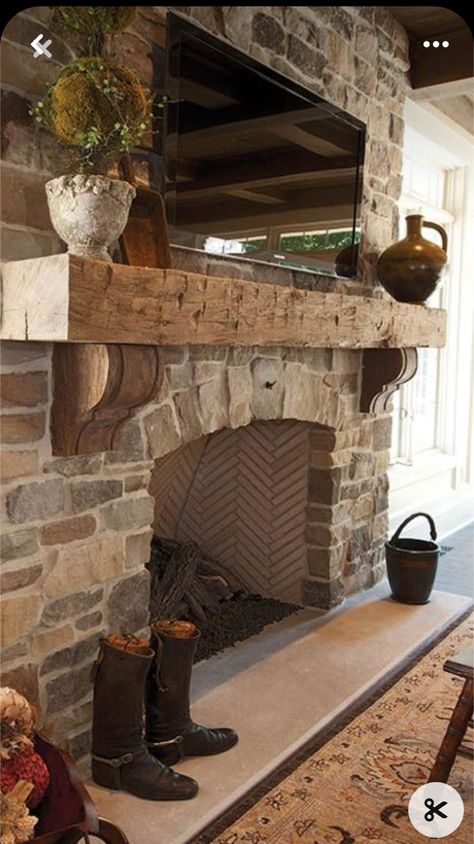 Brick Tile Fireplace Surround, Cobblestone Fireplace Makeover, Stone Wood Burning Fireplace, Reno Fireplace, Cobblestone Fireplace, Cabin Mantle, Old Stone Fireplace, Stone Fireplace Ideas, Wood Fireplace Inserts