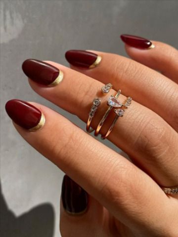 Burgundy Half Moon Nails, Red Nail Gold Tip, Maroon Nails Wedding, Red And Gold Fall Nails, Half Nails Design, Burgundy Nails Gold Accent, Half Moon Manicure Short Nails, Red Moon Nails, Gold And Maroon Nails