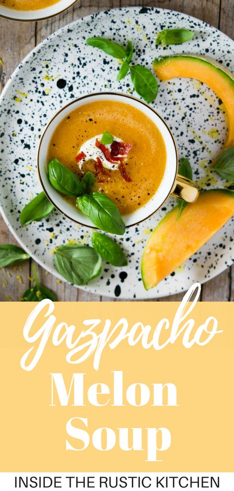 Chilled Melon Soup. This melon gazpacho is so easy, made with few ingredients and ready in under 10 mins. The perfect way to cool down this summer. insidetherustickitchen.com #melon #soup #healthysoup #summerrecipes #insidetherustickitchen Melon Gazpacho, Spring Soup, Cold Soup Recipes, Melon Soup, Melon Recipes, Stews Recipes, Gazpacho Soup, Crispy Prosciutto, Gazpacho Recipe