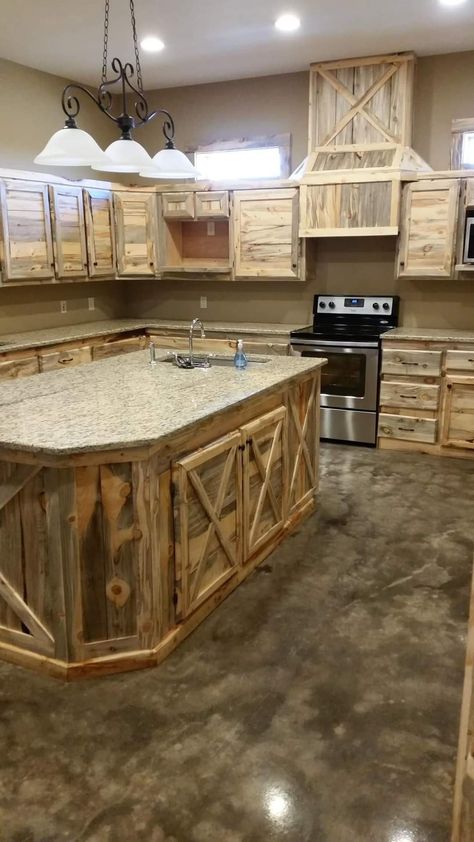 Pallet Kitchen Cabinets Farmhouse Style, Handmade Kitchen Cabinets, Western Kitchen Cabinets, Diy Cabinets Kitchen, Diy Rustic Kitchen Cabinets, Rustic Kitchen Cabinets Ideas, Cabin Kitchen Cabinets, Cabin Cabinets, Barn Wood Cabinets