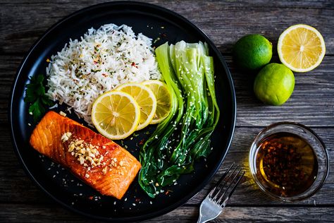 Salmon Pak Choi, Lemon Basmati Rice, Fish Food Photography, Baked Salmon With Lemon, Baked Salmon Lemon, Salmon With Lemon, Soy Recipes, Pak Choi, Salmon And Rice