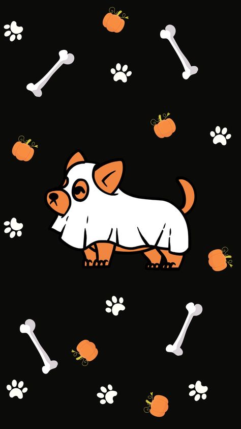 Halloween wallpaper background with a cute dog ghost and other elements like bones, paws and pumpkins. Dog Halloween Aesthetic, Cute Dog Halloween Wallpaper, Halloween Dogs Wallpaper, Halloween Tapeta, Halloween Wallpaper Dog, Halloween Dog Wallpaper, Puppy Wallpaper Iphone, What Wallpaper, Sheet Ghosts