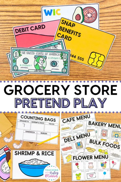 Grocery store centers are perfect for your early education classroom. Grocery store pretend play is dramatic play. First, I love to read aloud, Saturday at the Food Pantry. Grocery store play is a great way to incorporate a social emotional learning activity into your school day. In my preschool classroom, students can easily learn about cultural diversity, financial education, and religious diversity for kids. You can easily use these as a preschool center activity. Grocery Theme Preschool Activities, Grocery Dramatic Play, Tools Of The Mind Grocery Theme, Grocery Store Art Preschool, Grocery Store Preschool Theme, Grocery Store Printables, Tools Of The Mind Preschool Grocery Theme, Garden Dramatic Play Preschool, Dramatic Play Grocery Store