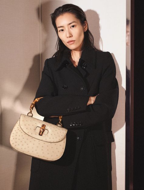 photographed and directed in a video by David Sims. Handbag Twilly, Gucci Bag Outfit, Gucci Bamboo 1947, Midnight Blue Suit, Gucci Bamboo Bag, Ostrich Bag, Gucci Suit, Lace Suit, Liu Wen