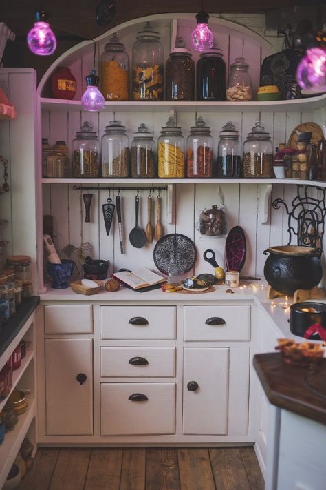 Apothecary Aesthetic Kitchen, Whimsigoth Kitchen, Witchy Farmhouse, Kitchens With White Cabinets, Dark Homes, Witch Kitchen, Goth Kitchen, Kitchen Vibes, Witchy Kitchen