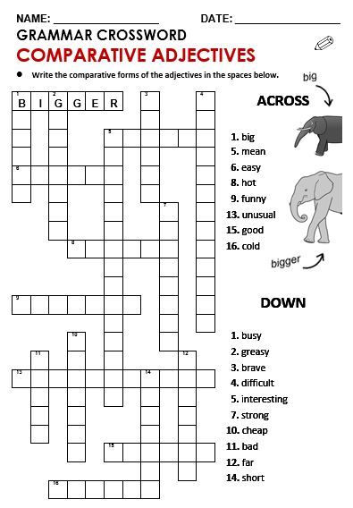 This is a great crossword puzzle to practice comparative adjectives with your ESL students. Esl Grammar Worksheets, English Crosswords Worksheets, Superlative And Comparative Worksheet, Comparative Adjectives Exercises, Comparative Adjectives Worksheets, Comparatives And Superlatives Worksheets, Comparatives Worksheet, Comparative And Superlative Worksheets, Comparative Adjectives Worksheet