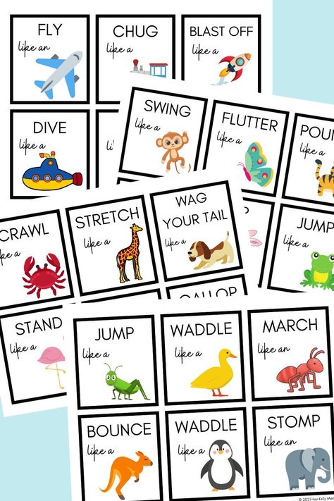 Movement Cube Printable, Big Body Movement Activities, Preschool Pe Activities Motor Skills, Preschool Games Printable, Matching Game For Preschoolers, Montessori Movement Activities, Gross Motor Dice Free Printable, Move Like An Animal Cards, Movement Break Cards