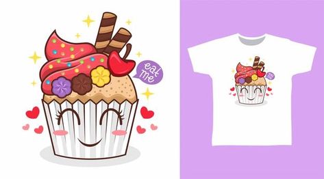 Premium Vector | Cute cupcake with chocolate stick tshirt design Cartoon Tshirt Design, Cupcake Cartoon, Cat Tshirt Design, Bear Drink, Ice Cream Cartoon, Cartoon Tshirt, Fish Background, Restaurant Drinks, Vegetable Illustration