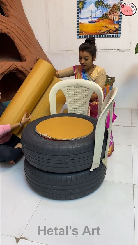 Diy Comfy Chair, Tire Chair Diy, Tire Sofa, Tyre Seats, Tires Repurposed, Hetal's Art, Making Sofa, Tire Chair, Tire Seats