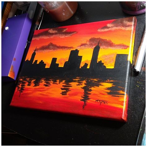 #city #sunset #painting #citysunsetpainting Sunset City, this was so fun to create!! #painting #sunset #cityskyline City Sunset Painting, Drawing City, Urban Sunset, Sunset Drawing, City Sunset, Skyline Painting, Painting Sunset, Simple Canvas Paintings, Cute Canvas Paintings