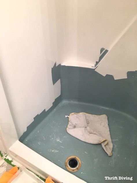 Shower Makeover Diy, Fiberglass Shower Stalls, Painted Shower Tile, Tub Refinishing, Shower Makeover, Refinish Bathtub, Shower Inserts, Fiberglass Shower, Painting Shower