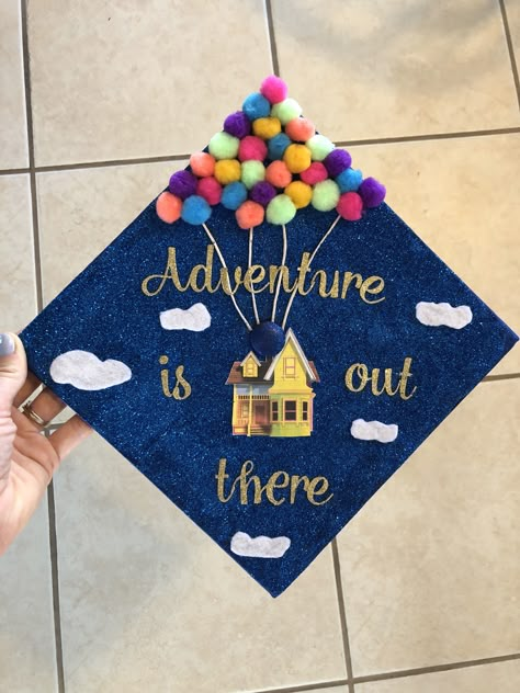 Up Grad Cap Ideas, Up Themed Graduation Party, Up Theme Graduation Cap, Movie Graduation Cap Ideas, Cars Graduation Cap Disney, Grad Cap Designs Disney, Wall-e Graduation Cap, Graduation Cap Designs Coraline, Up Movie Graduation Cap