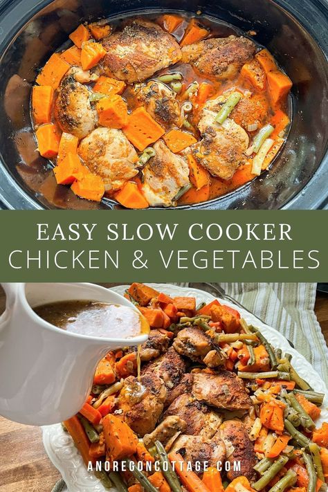 Here's your perfect dinner solution - a one-dish slow cooker chicken dinner with vegetables that's so easy and tasty. Throw everything into a crockpot and go about your day. Plus, it's healthy, so you can feel good about enjoying it - dinner just got a whole lot easier! Dinner With Vegetables, Vegetable Crockpot Recipes, Crockpot Chicken And Vegetables, Slow Cooker Chicken Healthy, Easy Slow Cooker Chicken, Tasty Dinner, Perfect Dinner, Healthy Slow Cooker, Health Dinner Recipes