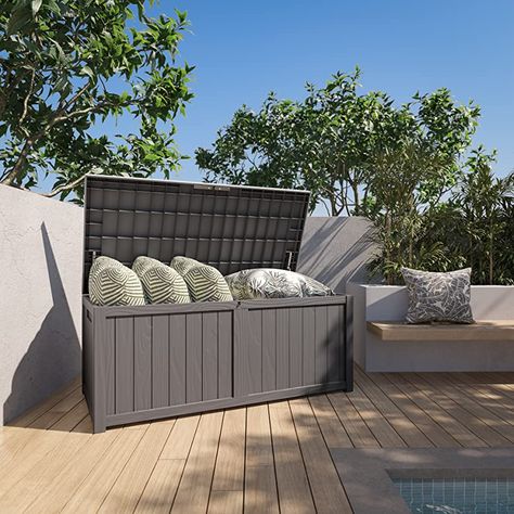 Outdoor Chest Storage, Outdoor Storage Ideas Waterproof, Pool Storage Box, Patio Cushion Storage, Bamboo Window Shades, Outdoor Pool Furniture, Pool Storage, Deck Storage, Black Patio