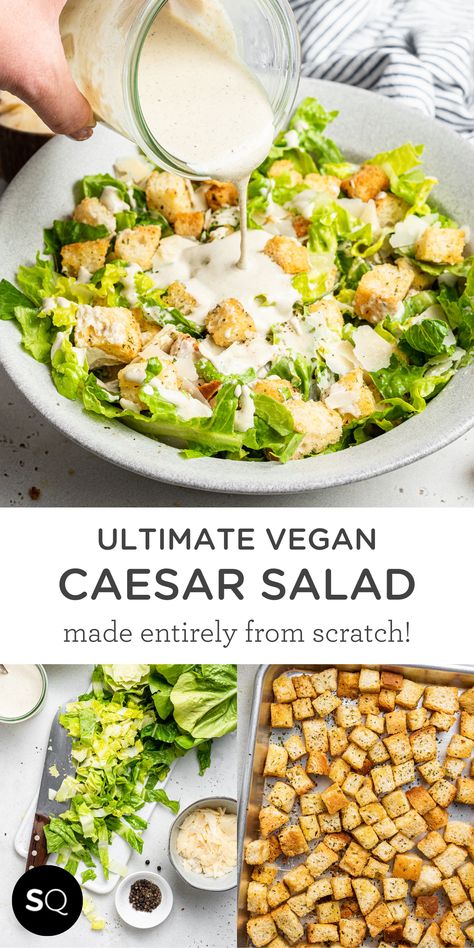 This is the best vegan caesar salad recipe with crisp romaine, homemade croutons, creamy dairy-free dressing and shaved vegan parmesan. Ultimate Vegan Caesar Salad Recipe | Made Entirely from Scratch! | Simply Quinoa Vegan Caesar Dressing, Vegan Caesar Salad, Barbecue Sides, Vegan Caesar, Vegetarian Barbecue, Spring Recipe, Caesar Salad Recipe, Meatless Recipes, Vegetarian Sides