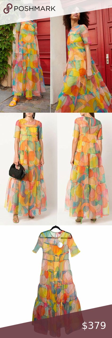 Staud Hyacinth Organza Tiered Crepe Maxi Dress Citrus Kaleidescope Staud Dresses, Rainbow Festival, Party College, Crepe Maxi Dress, Pride Rainbow, Jewel Neckline, Organza Fabric, Summer Events, Event Party