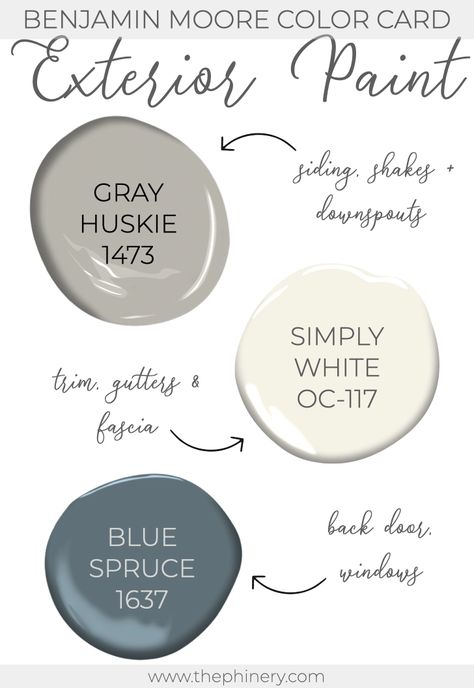 Benjamin Moore Gray Huskie, Benjamin Moore Simply White, White Exterior Paint Colors, Benjamin Moore Exterior, Exterior Paint Schemes, White Exterior Paint, Benjamin Moore Gray, House Paint Color Combination, Exterior House Colors Combinations