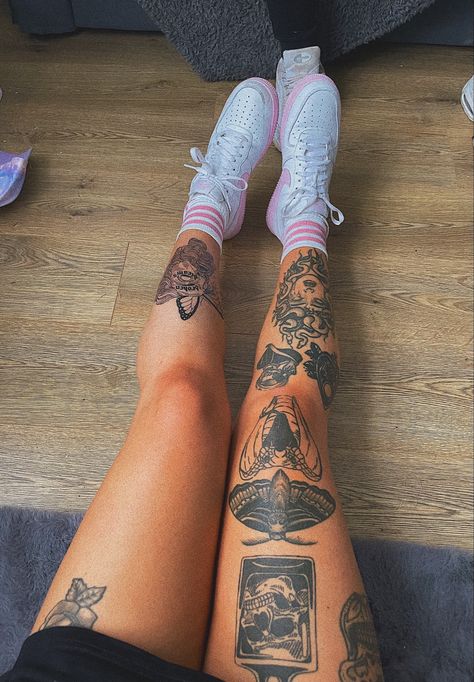 Leg Sleeve Aesthetic, While Leg Tattoos, Female Half Leg Sleeve Tattoo, Tattoos Female Leg, Leg Patch Tattoos Women, Black And White Leg Sleeve Tattoo, Womens Patchwork Leg Tattoo, Sticker Leg Sleeve Tattoos, Leg Sleeves Patchwork