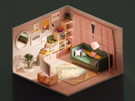 Isometric Living Room, Environment Website, Zine Graphic Design, 3d Isometric Room, Isometric Interior, Sticker Graphic Design, Graphic Design Job, Wallpaper Graphic Design, Board Rooms