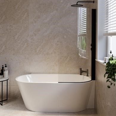 Shower Over Freestanding Bath Ideas, Free Standing Corner Bath, Double Ended Bath With Shower Over, Shower Above Bath, Back To Wall Bath Under Window, Back To Wall Bathtub, Bathroom Freestanding Bath, Free Standing Shower Bath, Shower Over Bath Ideas Modern