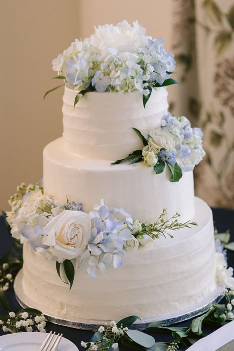 Classic Cake Wedding, Yellow Blue Wedding Cake, Wedding Cakes With Blue Accents, Sage Green And Blue Wedding Cake, Wedding Dessert Table Flowers, Whimsical Classic Wedding, Dusty Blue And White Wedding Cake, Wedding Cake Inspo Elegant, Wedding Cake Frosting Design