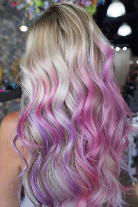 Pastel Pink Highlights, Purple Highlights Blonde Hair, Pink Highlights Blonde Hair, Purple Blonde Hair, Purple Blonde, Purple Hair Highlights, Blonde Hair With Pink Highlights, Unicorn Hair Color, Partial Highlights