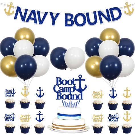 Us Navy Themed Party, Navy Party Ideas, Navy Commissioning Party, Navy Farewell Party Boot Camp, Army Decorations, Navy Boot Camp Graduation Anchor, Us Navy Party, Military Themed Party, Navy Party Themes