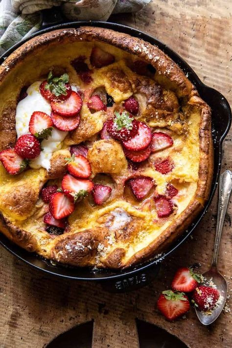 Strawberry Dutch Baby, Ricotta French Toast, Ricotta Cream, Half Baked Harvest Recipes, Summer Breakfast, Harvest Recipes, Cheese Burger, Half Baked, Dutch Baby