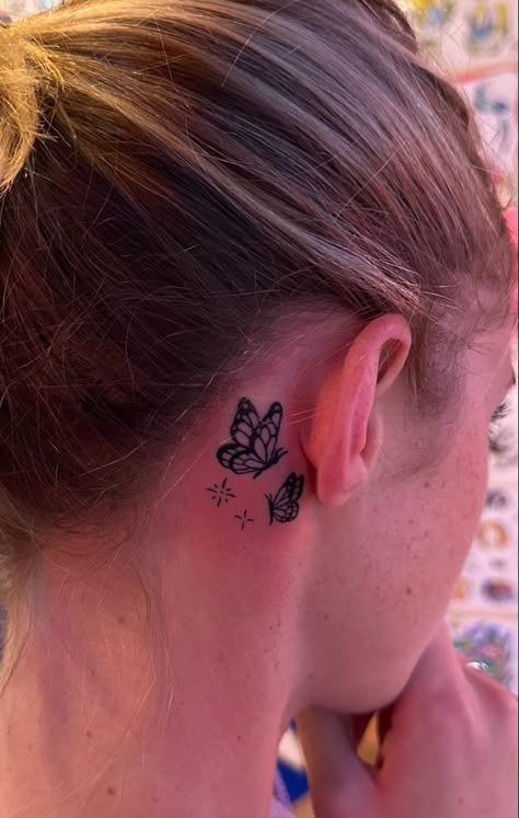 Butterfly Tat Behind Ear, Back Of Ear Tattoos For Women, Cute Tattoos Behind Ear, Small Behind Ear Tattoos For Women, Butterfly Ear Tattoo, Butterfly Behind The Ear Tattoo, Behind The Ear Tats, Star Tattoos Behind Ear, Butterfly Tattoo Behind Ear