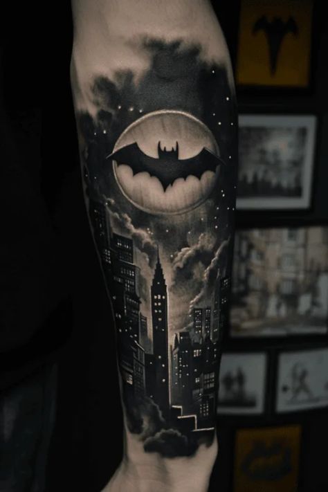 Bat signal tattoo over a city skyline with clouds and stars. Batman Signal Tattoo, Batman Logo Tattoo Design, Superhero Tattoos For Men, Batman Tattoos For Women, Batman Tattoo For Men, Batman Tattoo Design, Batman Stencil, Batman Logo Tattoo, Batman Symbol Tattoos