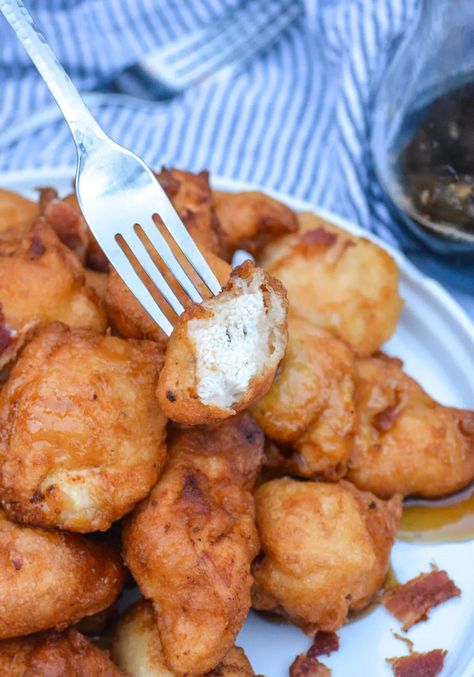 Pancake Battered Chicken Nuggets - 4 Sons 'R' Us Breakfast Nuggets Recipe, Pancake Fried Chicken, Beer Battered Chicken Nuggets, Pancake Chicken Tenders, Tempura Chicken Nuggets, Chicken Nugget Batter, Pancakes And Chicken, Sides For Chicken Nuggets, Pancake Batter Ideas