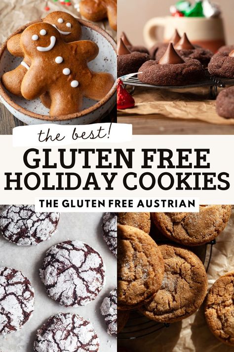 Celebrate the season with the best gluten-free holiday cookie recipes! From classic gluten-free sugar cookies to festive favorites, these easy and delicious treats are perfect for cookie swaps, gifts, or enjoying with hot cocoa. Made with simple ingredients, these gluten-free Christmas cookies are full of holiday cheer and sure to impress everyone at the table! Gluten Free Chocolate Crinkle Cookies Recipe, Gluten Free Russian Tea Cookies, Gluten Free Chewy Cookies, Vegan And Gluten Free Christmas Cookies, Gluten Free Spice Cookies, Gluten Free And Vegan Christmas Cookies, Gluten Free Refined Sugar Free Cookies, Holiday Cookie Recipes Easy, Gluten Free Hot Cocoa Cookies