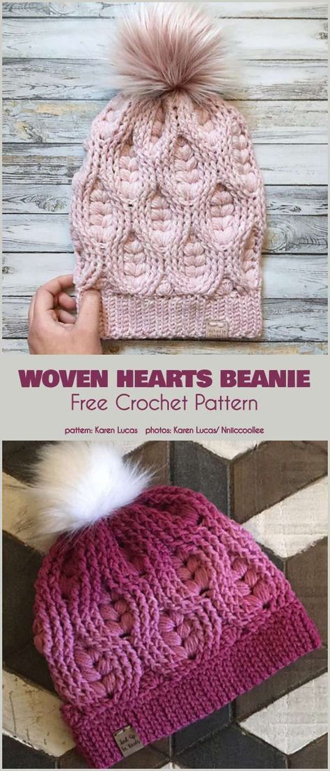 Woven Hearts Beanie Free Crochet Pattern Beanie Free Crochet Pattern, Crochet Patterns Free Women, Punxsutawney Phil, Crochet Beanies, Crochet Hat For Women, Crochet Heart Pattern, Irish Crochet Dress, Crochet Hat Free, Crochet Fun