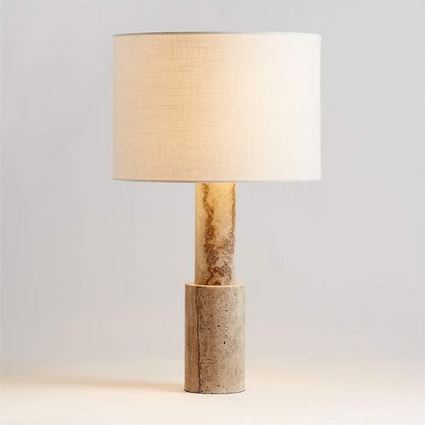 Jorgen Silver Travertine Table Lamp + Reviews | Crate and Barrel Marble Bedside Tables, Cream Table Lamps, Travertine Table, Silver Travertine, Bedside Table Decor, Round Table Lamp, Natural Wood Table, Marble Table Lamp, Entryway Console Table