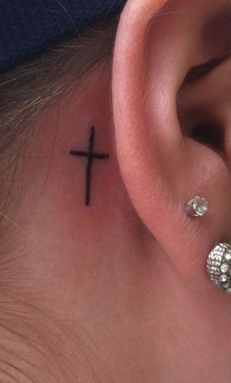 Behind Ear Cross Tattoo, Cross Behind Ear, Cross Behind Ear Tattoo, Tiny Cross Tattoo, Behind Ear Tattoos, Ear Tattoos, Faith Tattoo, Tiny Cross, Face Tattoos