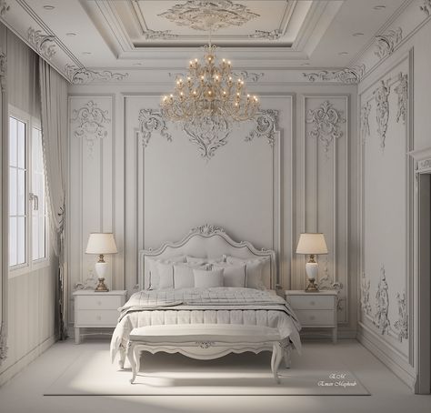 Neo Classical Bedroom, Classical Bedroom, Classic Bedroom Design, Gypsum Design, Classical Interior, Bedroom Interior Design Luxury, Exterior Stairs, Plants Wall, Classic Bed