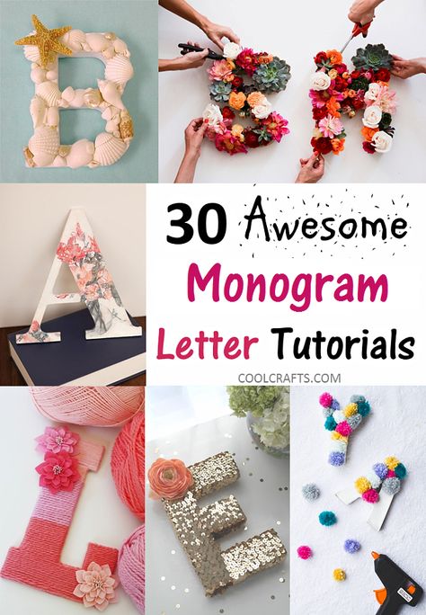 30 monogram letters tutorial that would go perfect on a cake, http://www.coolcrafts.com/monogram-letters-tutorials/ Diy Letter Ideas, Diy Letter Decor, Letter Decoration Ideas, Letters Tutorial, Diy Monogram Letters, Craft Letters, Letter Diy, Cardboard Letters, Diy Monogram