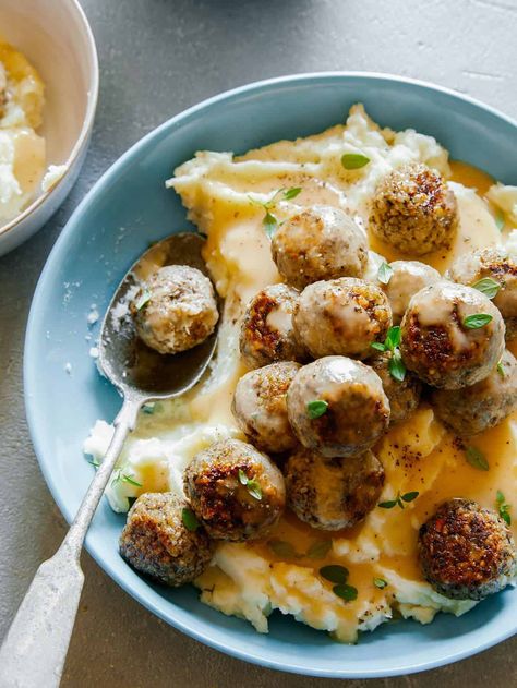 Vegan Swedish Meatballs over Mashed Potatoes Gravy Meatballs Over Mashed Potatoes, Vegan Swedish Meatballs, Mashed Potatoes And Gravy, Potatoes And Gravy, Meatless Meatballs, Potato Gravy, Over Mashed Potatoes, Winter Meals, Flavorful Vegetables