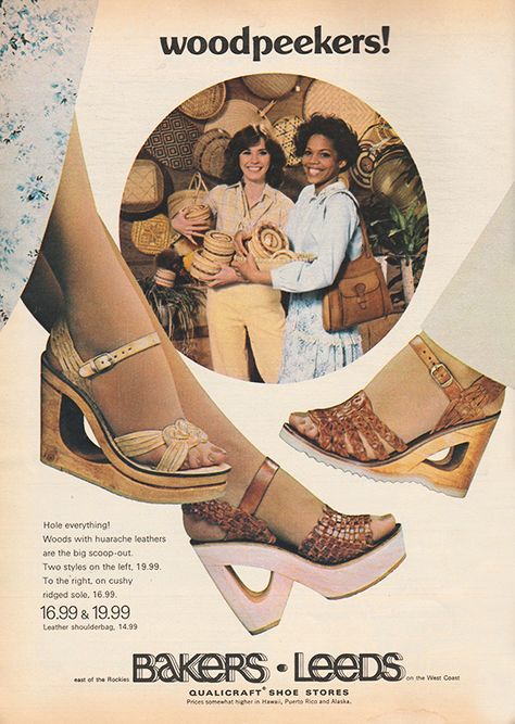 April 1978. ‘Hole everything! Woods with huarache leathers are the big scoop-out.’ 70s Mode, 1970s Shoes, Shoe Stores, Shoes Ads, Lauren Hutton, Seventeen Magazine, Fashion Marketing, 1970s Fashion, Mode Vintage