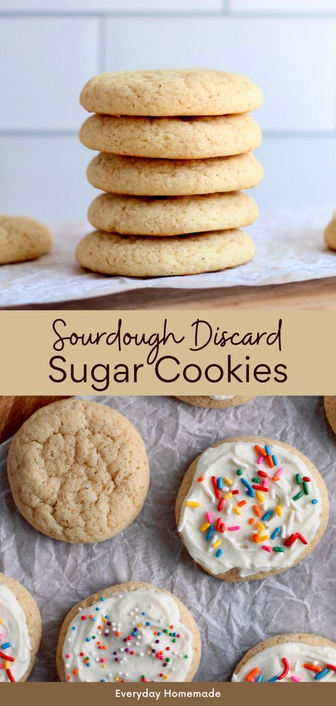 Whip up a batch of soft Sourdough Discard Sugar Cookies for Easter baking fun! This easy sourdough cookie recipe is perfect for spring celebrations, birthdays, Christmas, Valentine's Day, and more. Decorate with buttercream frosting for a delightfully sweet treat. Sourdough Discard Sugar Cookie Recipe, Discard Christmas Cookies, Sourdough Sprinkle Cookies, Discard Sugar Cookies, Sourdough Discard Snickerdoodle Cookies, Sourdough Starter Cookie Recipes, Easy Sourdough Cookies, Sourdough Discard Dessert Recipes Easy, Sourdough Sugar Cookie Recipe