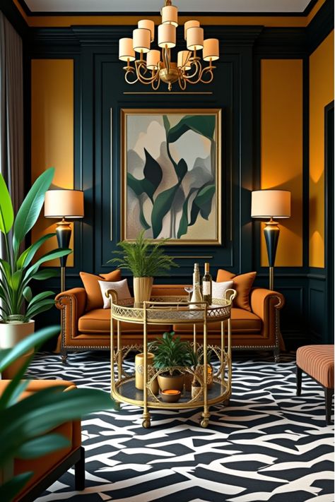 Glamorous art deco living room with statement decor and plants Luxury Living Room Color Schemes, Electric Living Room Decor, Artdeco Interiors Living Room, Gatsby Living Room, Mid Century Modern Glam Living Room, Luxurious Living Room Designs, Art Deco Living Room 1920s, Gatsby Interior Design, Contemporary Art Deco Interior